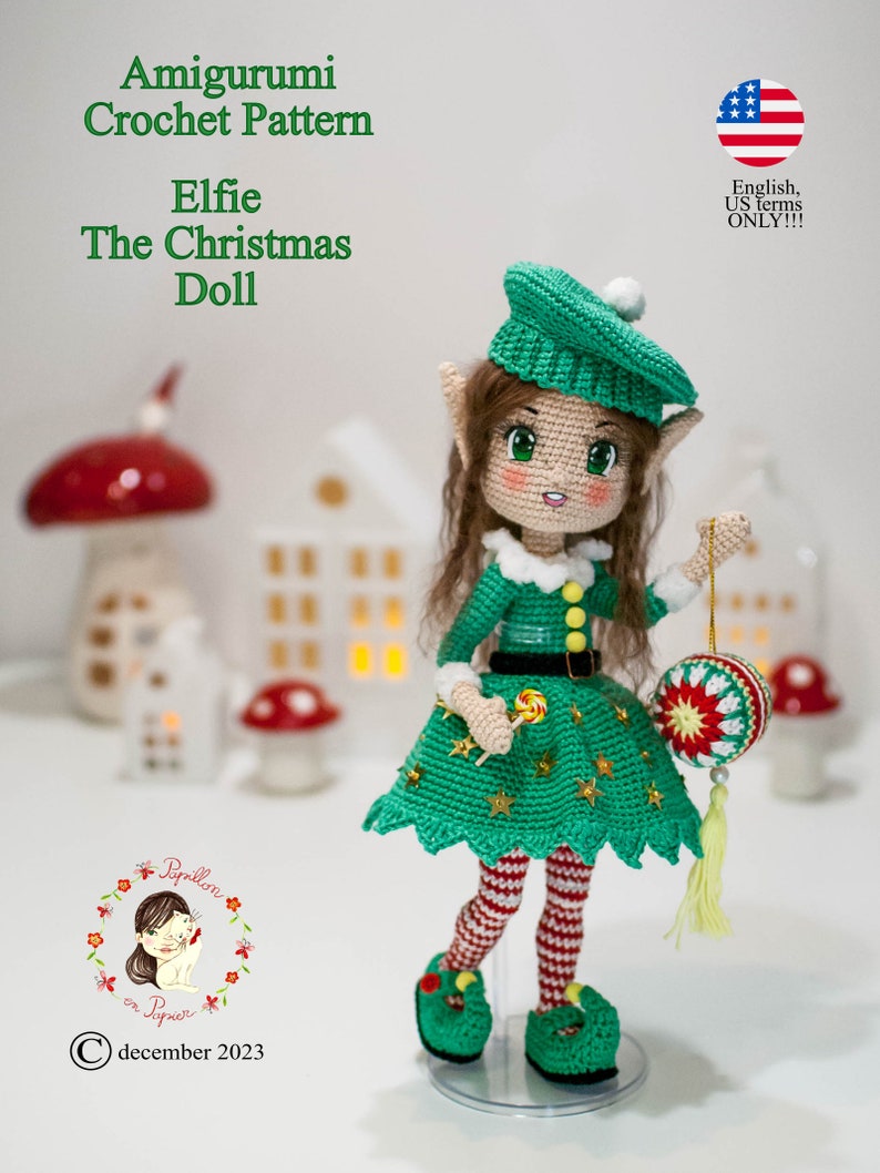 Patrón Amigurumi Elf Elfie la muñeca navideña crochet girl en inglés términos estadounidenses, proyecto de cuenta regresiva imagen 4