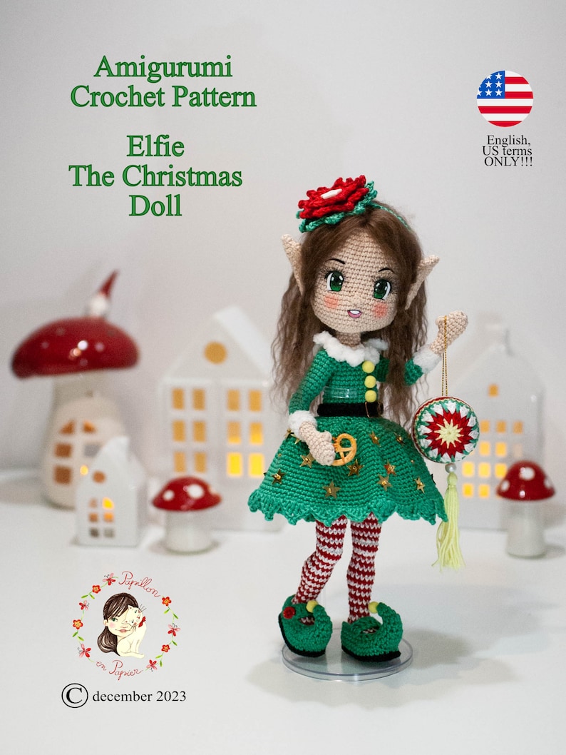 Patrón Amigurumi Elf Elfie la muñeca navideña crochet girl en inglés términos estadounidenses, proyecto de cuenta regresiva imagen 2