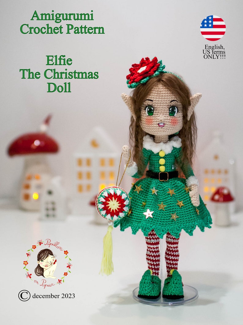 Patrón Amigurumi Elf Elfie la muñeca navideña crochet girl en inglés términos estadounidenses, proyecto de cuenta regresiva imagen 5