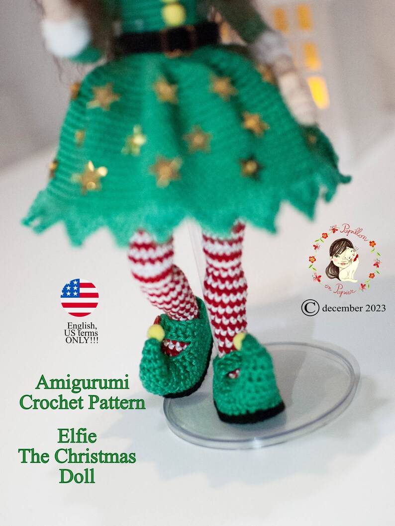 Patrón Amigurumi Elf Elfie la muñeca navideña crochet girl en inglés términos estadounidenses, proyecto de cuenta regresiva imagen 8