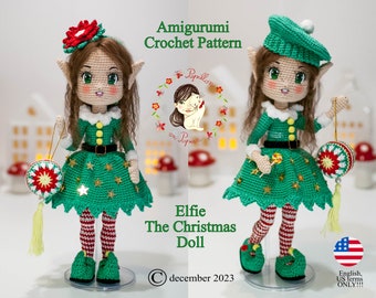 Modello Amigurumi Elfo - Elfie la bambola di Natale - ragazza all'uncinetto in inglese (termini statunitensi), progetto per il conto alla rovescia