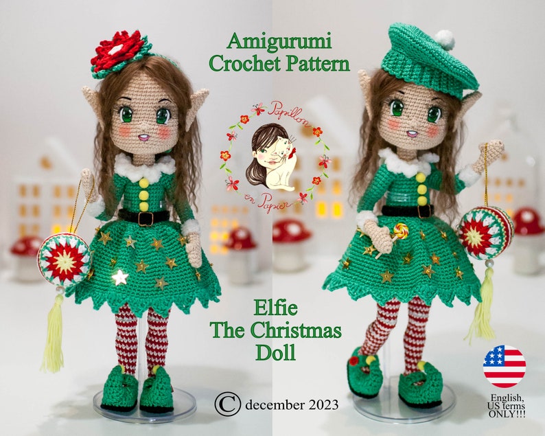 Patrón Amigurumi Elf Elfie la muñeca navideña crochet girl en inglés términos estadounidenses, proyecto de cuenta regresiva imagen 1