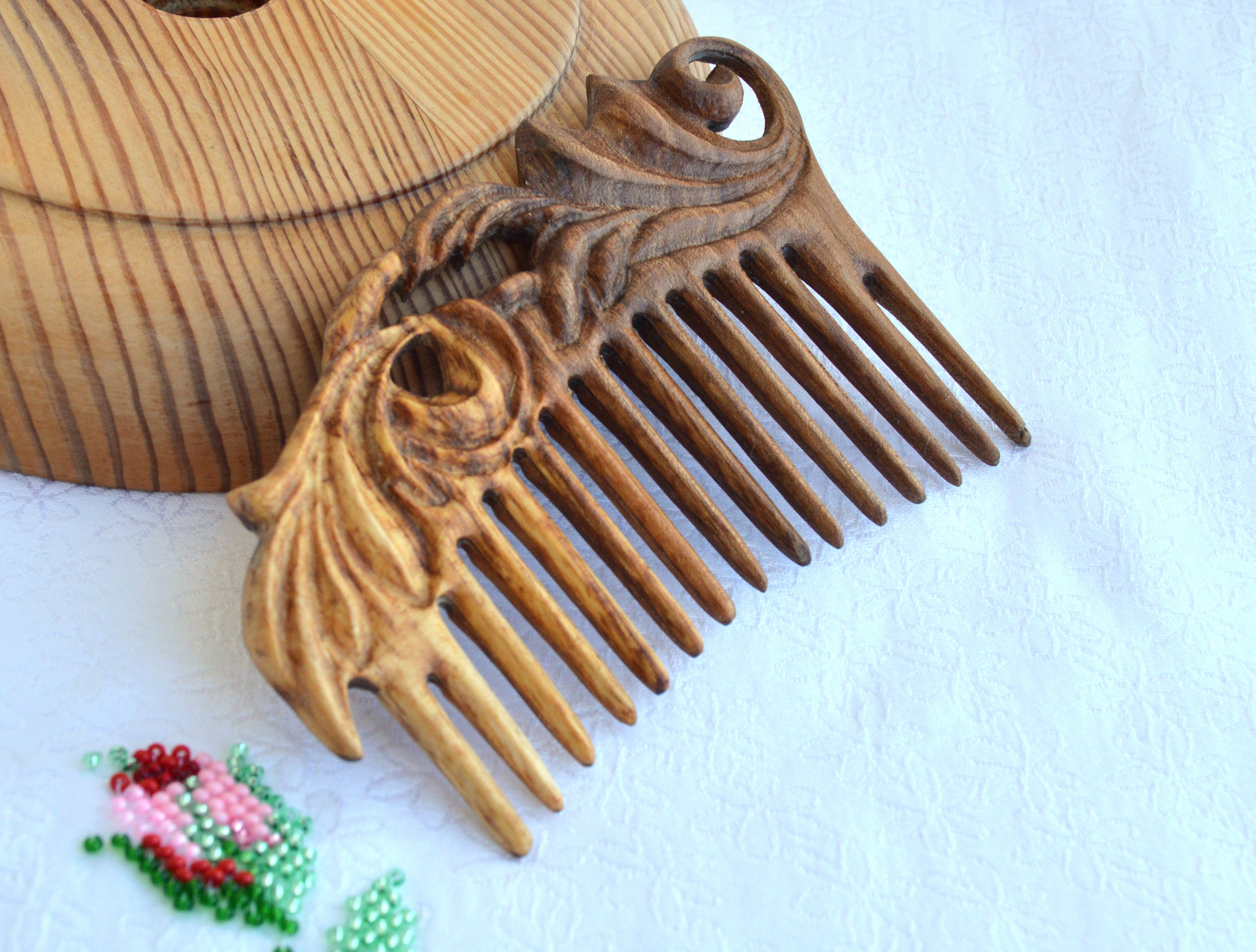 Handmade wooden comb with carving for women / Wide Tooth Comb Etsy