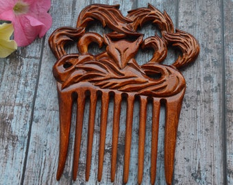 Fox Handmade wooden comb with carving for women / Wide Tooth Comb mom gift