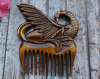 Black swan  Handmade wooden comb with carving  Wide Tooth Comb women gift
