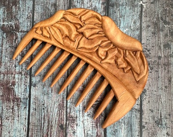 Peine de madera hecho a mano con diseño de girasol y tallado para mujer / Peine de dientes anchos