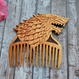 Handmade wolf wooden viking comb carving  Wide Tooth Comb birthday /gift for men hair accessories