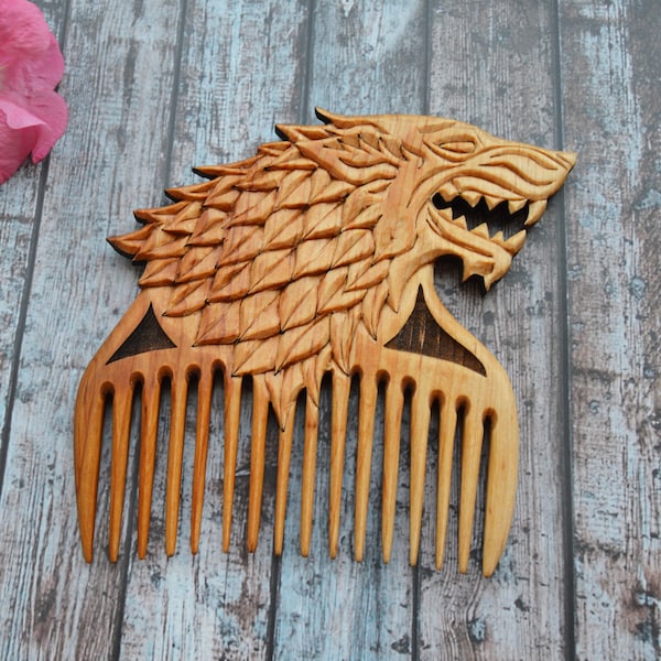 Handmade wolf wooden viking comb carving  Wide Tooth Comb birthday /gift for men hair accessories