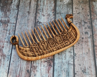 Viking Drakkar beard Wooden comb handmade, wood carving wood gifts for boyfriend Custom mustache care  beauty