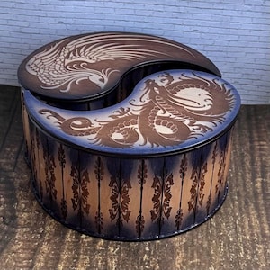 Scatola rotonda in legno fatta a mano 2 in 1 Yin Yang / Portagioie / baule del tesoro