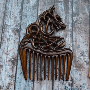 Wolf Handmade wooden comb carving Wide Tooth Comb birthday gift for men beard comb