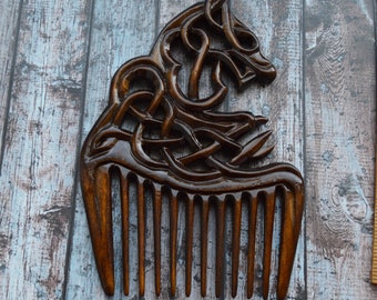 Wolf Handmade wooden comb carving Wide Tooth Comb birthday gift for men beard comb