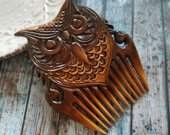 Owl Handmade wooden comb with carving for women bird/Wide Tooth Comb/ detangle comb/gift for her friend