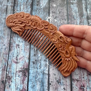 Handmade wooden comb with carving  / Wide Tooth Comb beech wood