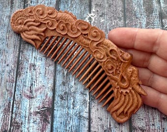 Handmade wooden comb with carving  / Wide Tooth Comb beech wood