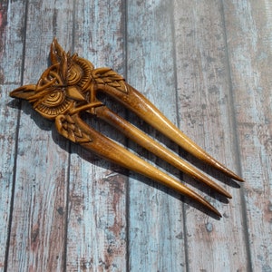 Owl wooden hair fork three prong /Wooden hair pin/ Bun holder/  prong hair fork/Hand Carved  wooden box