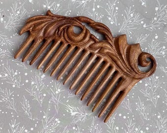 Handmade wooden comb with carving for women / Wide Tooth Comb mom gift oak wood