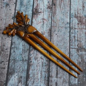 Autumn Wooden Carved hair stick acorns leaf/ Hair Fork 3 prongs / Hair accessory/ Handmade Hair Pin