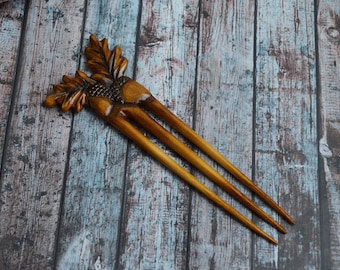 Horquilla para el pelo de 3 puntas, hecha a mano, con forma de bellota, de madera tallada en otoño