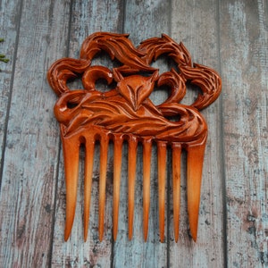 Fox Handmade wooden comb with carving for women / Wide Tooth Comb mom gift