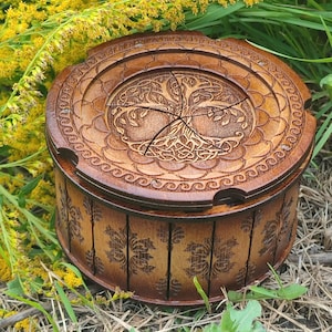 Round Handmade Wooden box Celtic Tree of Life for jewelry, tatting shuttle Life Tree Multipurpose Box