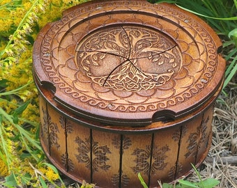 Round Handmade Wooden box Celtic Tree of Life for jewelry, tatting shuttle Life Tree Multipurpose Box