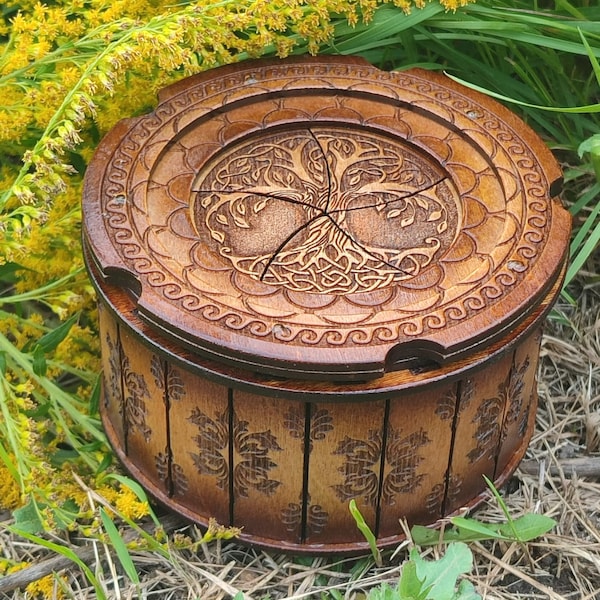 Boîte ronde en bois faite à la main Arbre de vie celtique pour bijoux, navette de frivolité Arbre de vie Boîte polyvalente Cadeau de Noël Boîte à bijoux cylindrique