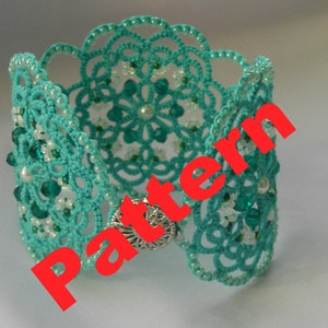 May include: A turquoise crocheted cuff bracelet with a floral design. The openwork bracelet is embellished with white and green beads and a silver clasp. The word "pattern" is written across the image in red.