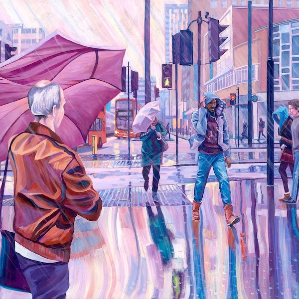 Squally Crossing, Original Painting in Acrylic of a London street in the rain by Bev Jones 55cm X 65cm framed