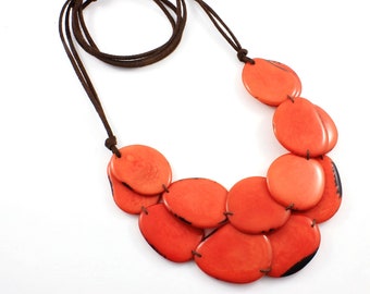 Tagua Nut Necklace in Dark Salmon, Classic and Adjustable Double Strand, Perfect Gift for Mom or Grandmother, Fair Trade - Fresh Collection