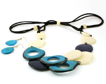 Blue Bead Necklace Set of Tagua Nut - Big Chunky Necklace for Women - Eco Friendly Jewelry - Presents for Her - Fair Trade Gifts