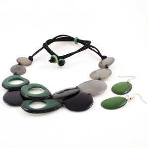 Green Tagua Nut Necklace and Earring Set: Chunky Bib Statement Jewelry