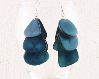 Blue Dangle Earrings made of Tagua Nut - Festival Jewelry - Vegan Jewelry - Bue Earrings for Women - Ethnic Earrings - Large Earrings 3040