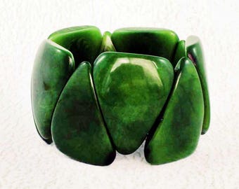 Green Cuff Bracelet - Tagua Nut Wide Elastic Bracelet - Vegetable Ivory - Fair Trade Jewelry - Eco Friendly Gifts for Back to School Fun