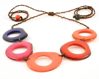 Multicolor Necklace - Single Strand made of Chunky Tagua Nut - Navy, Pink, Coral, Red, and Orange - Fair Trade Eco Jewelry from Ecuador