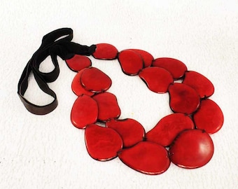 Red Necklace - Statement Necklace of Tagua - Chunky Necklace - Fair Trade - Bib Necklace - Womens Gifts - Head-Turning Red Jewelry for Women