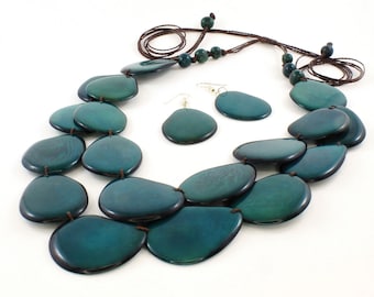 Teal Necklace Set - Statement Necklace of Tagua - Chunky Bold Set Ideal for Gifting on Mom's Birthday, Gift for Women Grandmother Her