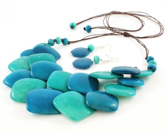 Blue Bead Necklace - Eco Friendly Jewelry made of Tagua Nut - Blue Green Necklace Set - Double Strand Necklace - Cool Gifts for Women 1750