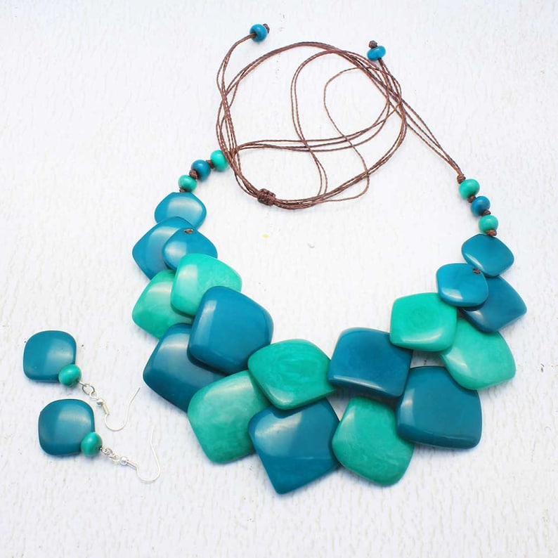 Blue Green Necklace Set Double Strand Necklace Cool Gifts for Women 1750 Blue Bead Necklace Eco Friendly Jewelry made of Tagua Nut