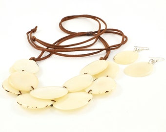 Ivory Statement Necklace and Earring Set made of Eco Friendly Tagua Nut in Creamy Offwhite - Bridal Necklace Set - Great Gift Ideas for Her