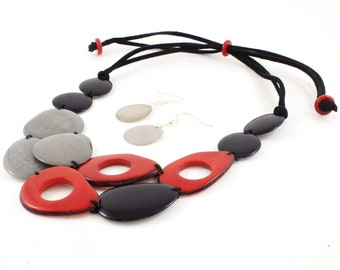 Black and Red Necklace with Grey Earrings - Bead Necklace Set made of Tagua Nut - Multi Colored Necklace - Fair Trade Gifts for Her