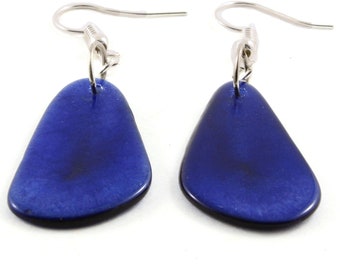 Classic Blue Earrings made of Eco Friendly Tagua Nut, Simple and LIghtweight for Everyday Wear, Fairtrade and Handmade Jewelry for Women
