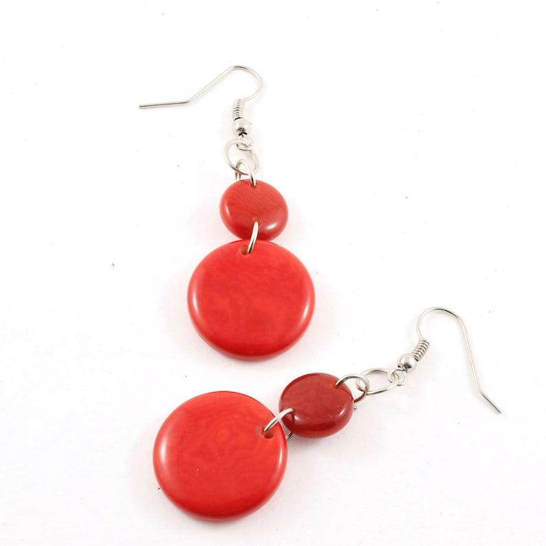 Red Dangle Earrings Handmade From Eco Friendly Tagua Nut, Fair Trade