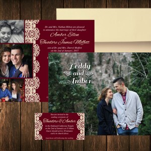 Faire-part de mariage horizontal en dentelle classique, avec photos