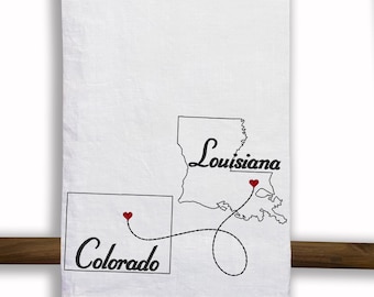Embroidered State to State Linen Tea Towel, Moving Away Gift
