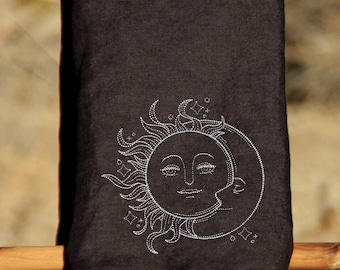 Embroidered Linen Tea Towel, Sun and Moon Hand Towel