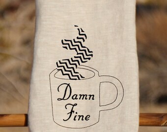 David Lynch Embroidery, Embroidered Twin Peaks Hand Towel, Damn Fine Coffee, Linen Tea Towel