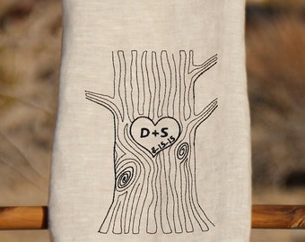 Engraved Initials and Heart on Tree Trunk, Embroidered Hand Towel, Wedding Gift, Anniversary Gift, Linen Tea Towel