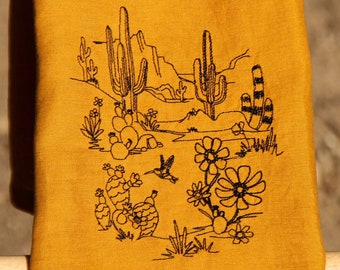 Embroidered Desert Scene Hand Towel, Linen Tea Towel