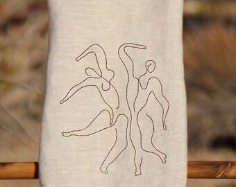 Embroidered Picasso Dancers Line Drawing, Linen Tea Towel